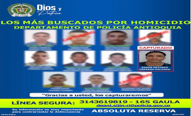 Cartel de los más buscados Policía Antioquía 