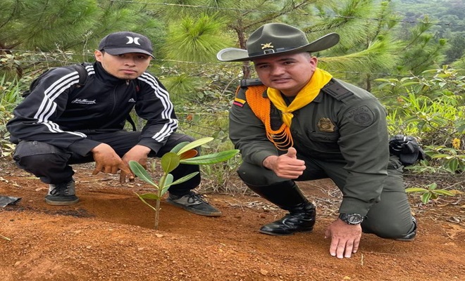 Un ciudadano y un Policía Carabineros siembran un árbol