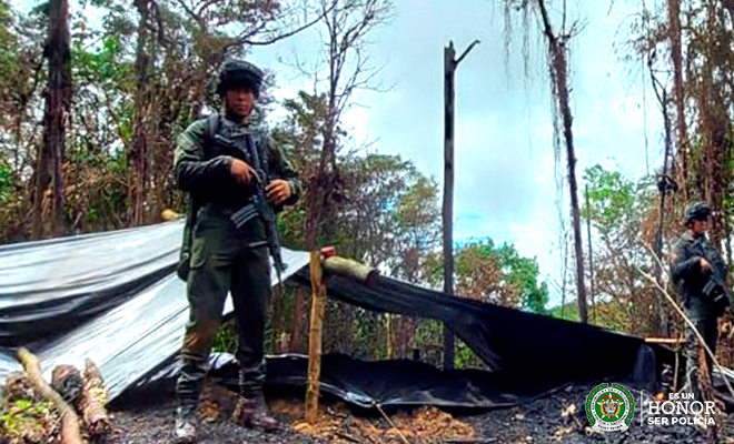Policías desmantelando refinería 