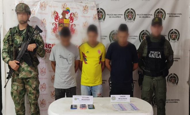 tres capturados que deberán responder por el delito de concierto para delinquir agravado y extorsión agravada